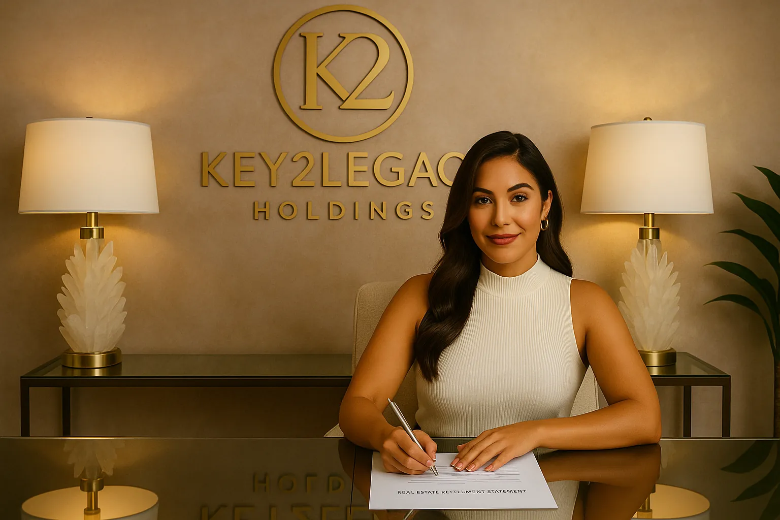Key2Legacy Holdings client signing a real estate settlement statement beneath a gold Key2Legacy wall emblem