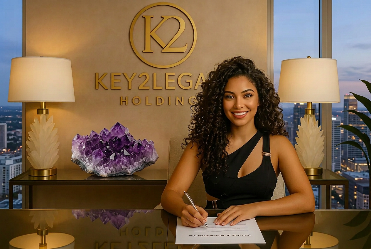 Key2Legacy Holdings client signing a real estate settlement statement beneath a gold Key2Legacy wall emblem